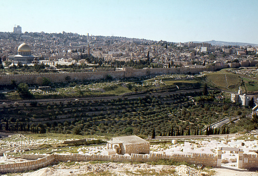 A view across the historic old city from the mount of olives across the Kidron Valley to the temple mount.