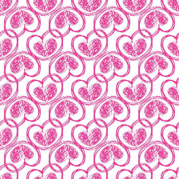 istock Vector seamless pattern of pink hearts drawn with chaotic lines placed on top of each other doodle style on a white background.Decorative Print Romantic Background for weddings invitations and textiles 1299981440