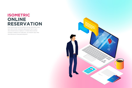 Online reservation, Booking hotel online concept. Can use for web banner, Flat isometric vector illustration isolated on background.