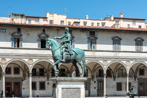 The Equestrian Monument of Cosimo I is a bronze equestrian statue erected in 1594 in the Piazza della Signoria in Florence, region of Tuscany, Italy. This monument was commissioned by Cosimo's son Ferdinando I from the sculptor Giambologna, who also completed the Rape of the Sabines in the adjacent Loggia dei Lanzi.