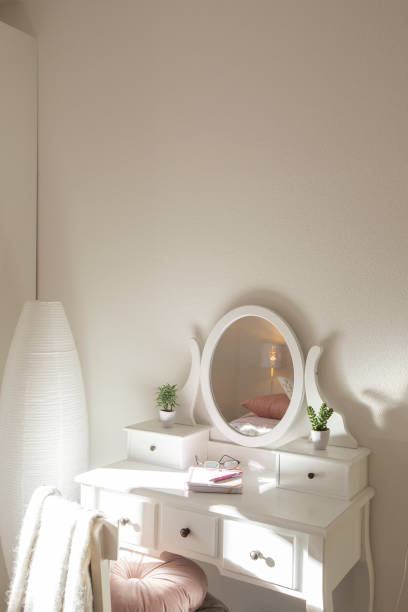 istock Detail of makeup dressing table with large mirror, diary and organizer. White and clean workstation in the master bedroom 1299983647