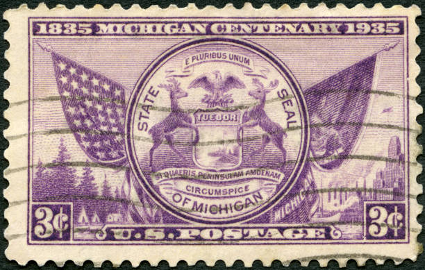 istock Postage stamp printed in USA shows Michigan State Seal, 1935 1299986066