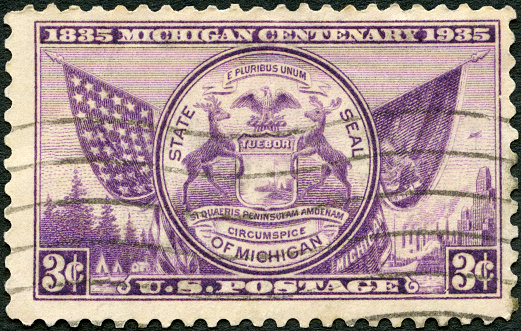 Postage stamp printed in USA shows Michigan State Seal, Advance celebration of  statehood centenary, was admitted to Union January 26, 1837, 1935