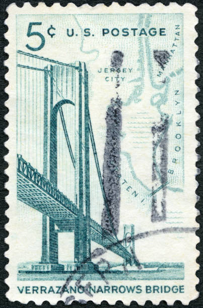 istock Postage stamp printed in USA shows Bridge and Map, 1964 1299986098