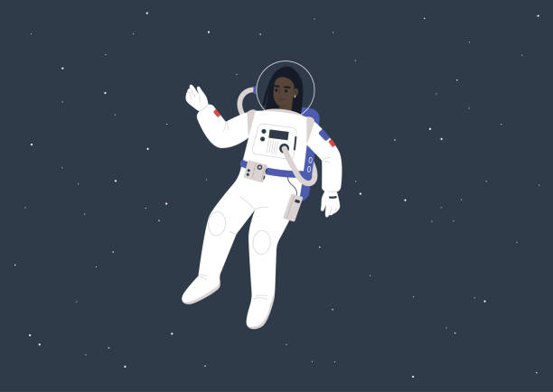 stockillustraties, clipart, cartoons en iconen met jonge vrouwelijke zwarte astronaut die een ruimtepak draagt dat tussen de sterren drijft - pakjesavond