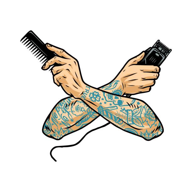 illustrazioni stock, clip art, cartoni animati e icone di tendenza di barbershop vintage concetto colorato - arm tattoo