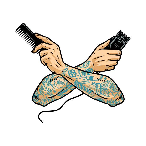 Barbershop vintage colorful concept Barbershop vintage colorful concept with crossed tattooed barber hands with comb and electrical hair clipper isolated vector illustration tattoo arm stock illustrations