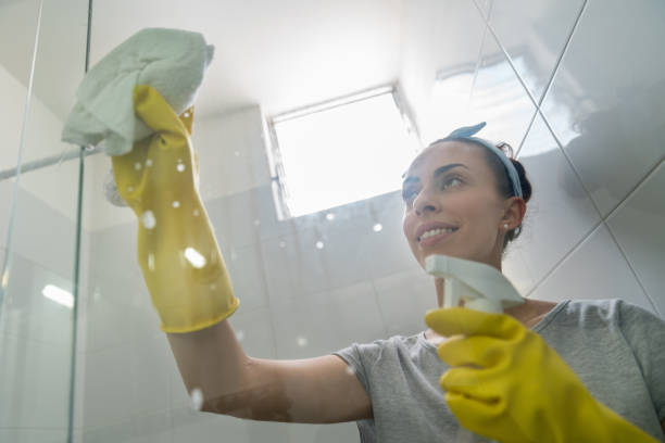 Woman at home cleaning the bathroom