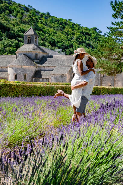 senanque abbey gordes provence lavender campos notre-dame de senanque, florecientes campos de lavanda azul púrpura luberon francia - senanque fotografías e imágenes de stock