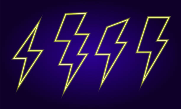 istock Abstract set with a set of neon lighting on a dark background. Vector illustration of an abstract electric lightning bolt in yellow . Minimal design. Illustration of nature. Futuristic neon background 1299989300