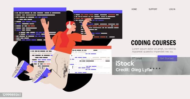 Programmer Working On Web Development On Computer Concept Of Script ...