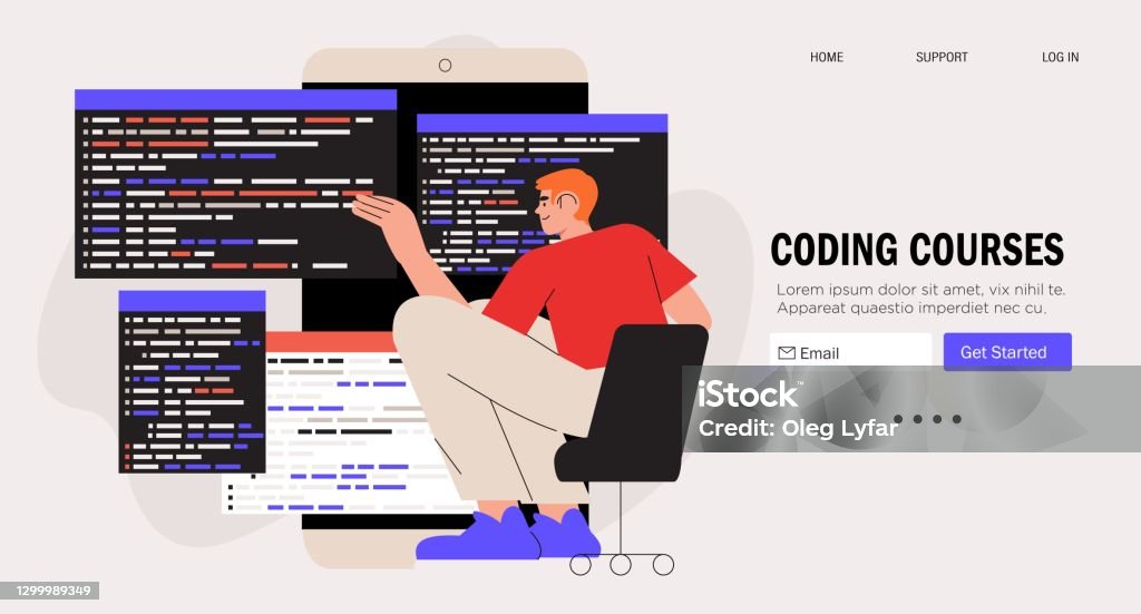 Programmer Working On Web Development On Computer Concept Of Script ...