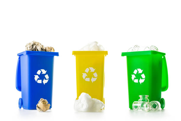 istock Recycling icon. Bin container for disposal garbage waste and save environment. Yellow, green, blue dustbin for recycle plastic, paper and glass can trash isolated on white background. 1299989374
