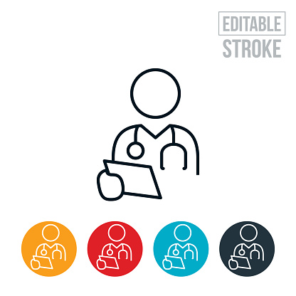 An icon of a doctor reviewing a patients medical chart. The icon includes editable strokes or outlines using the EPS vector file.