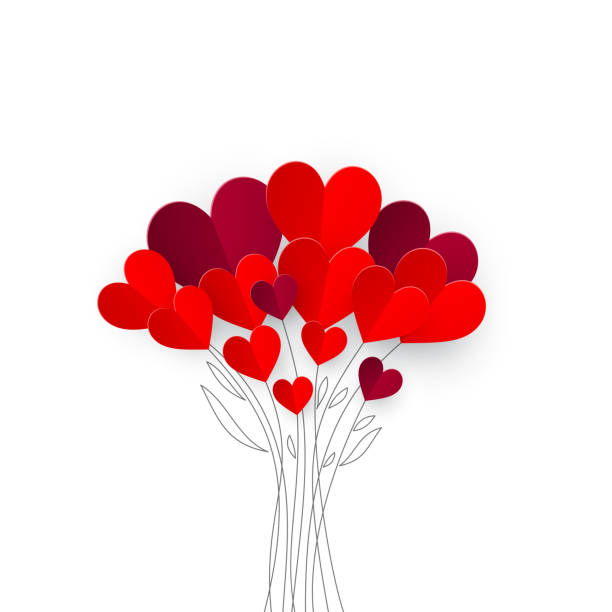 bouquet von origami-herzen auf handgezeichneten zweigen auf weißem hintergrund - valentines day couple stock-grafiken, -clipart, -cartoons und -symbole