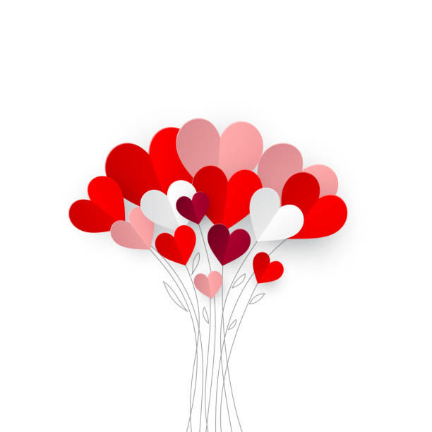 白い背景に手描きの枝の上に折り紙の心の花束 - valentines day origami romance love点のイラスト素材／クリップアート素材／マンガ素材／アイコン素材