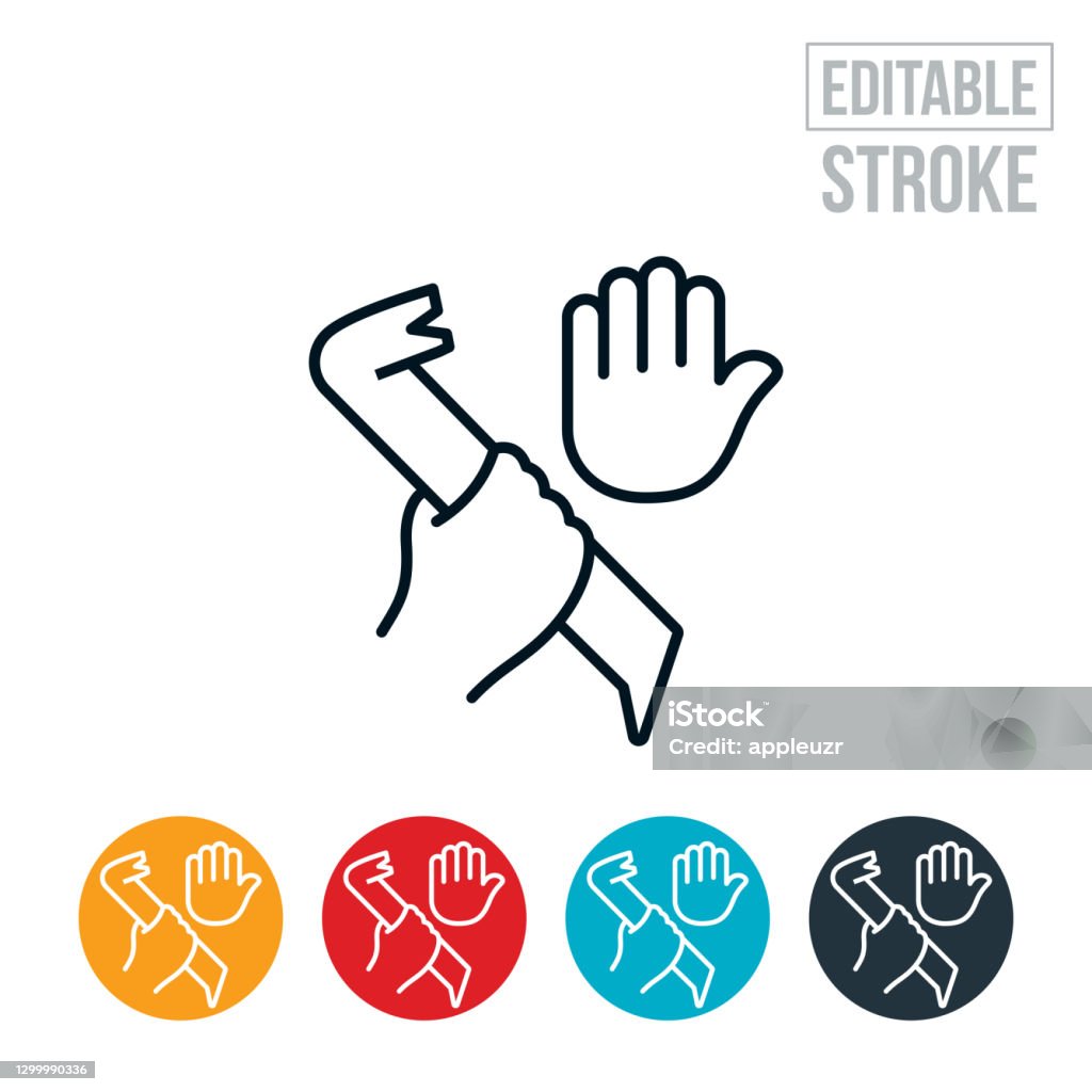Burglary Thin Line Icon - Editable Stroke An icon of a hand holding a crowbar and another hand with a stop gesture. The icon represents a burglary. The icon includes editable strokes or outlines using the EPS vector file. Vandalism stock vector