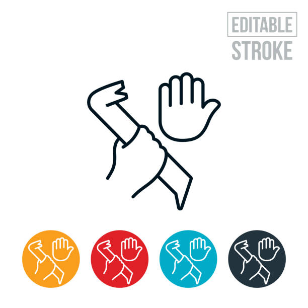 Burglary Thin Line Icon - Editable Stroke An icon of a hand holding a crowbar and another hand with a stop gesture. The icon represents a burglary. The icon includes editable strokes or outlines using the EPS vector file. Vandalism stock illustrations