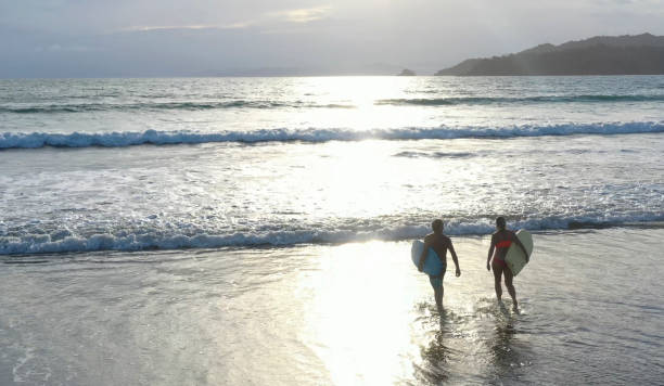 istock Mature couple walk down beach, into water with surfboards 1299990564