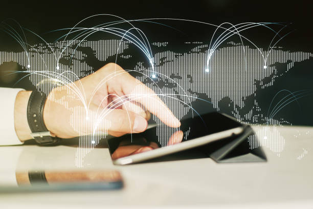 istock Double exposure of abstract digital world map with connections and finger clicks on a digital tablet on background, research and strategy concept 1299992366