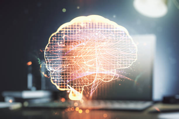 istock Double exposure of creative artificial Intelligence symbol with modern laptop on background. Neural networks and machine learning concept 1299992458