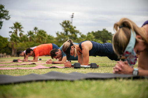 A group of people meeting for an outdoor training session. They have lined up their mats for a planking session.