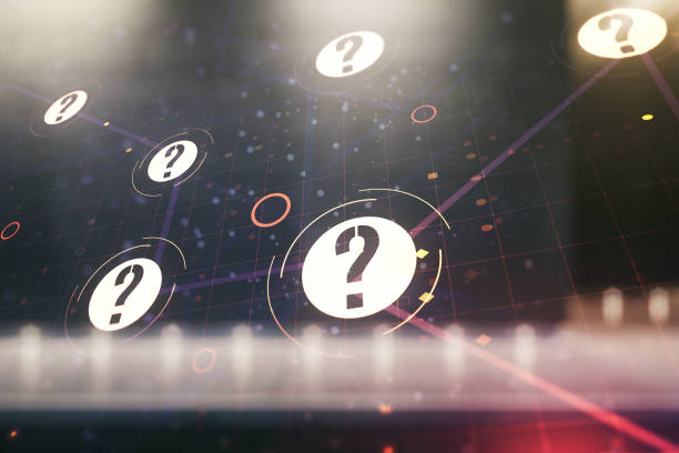 istock Abstract virtual question mark sketch on contemporary business center exterior background, FAQ and research concept. Double exposure 1299992492