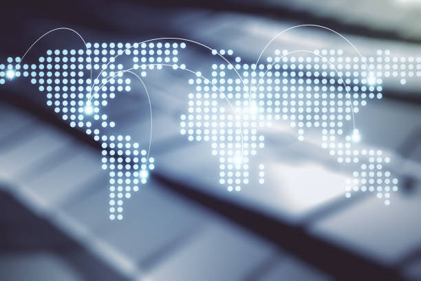 istock Abstract virtual world map with connections on blurry abstract metal background, international trading concept. Multiexposure 1299992505
