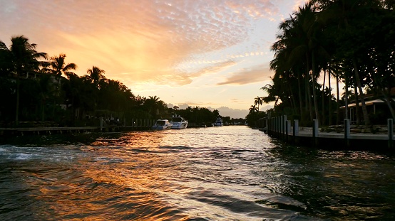 Ft Lauderdale Jan24,2020 Touring the canals of South Florida's intracoastal waterways in the popular water taxi at sunset
