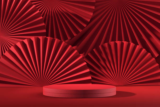 китайский новый год, красный подиум дисплей макет на красном абстрактном фоне с красной рукой бумаги вентилятора. - махать моделью стоковые фото и изображения