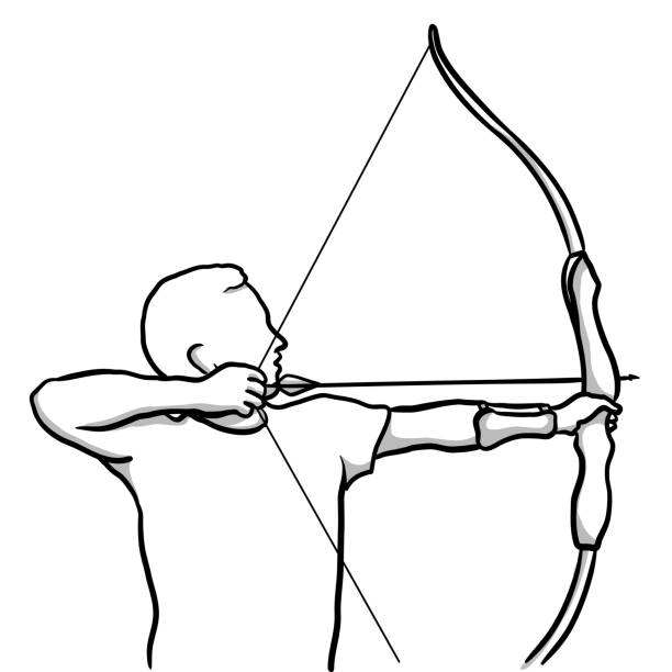 прицеливание с луком и стрелами - duotone aiming hunter bow and arrow stock illustrations