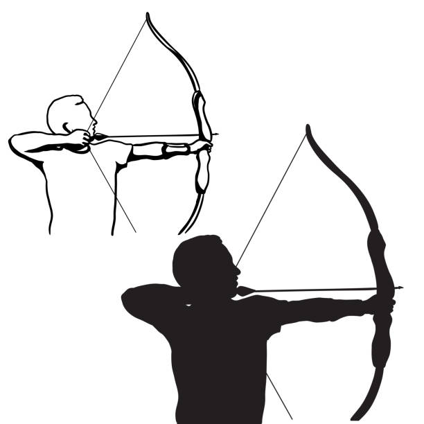 ilustrações de stock, clip art, desenhos animados e ícones de aiming with bow and arrow silhouette - duotone aiming hunter bow and arrow