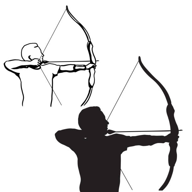прицеливание с силуэтом лука и стрелы - duotone aiming hunter bow and arrow stock illustrations