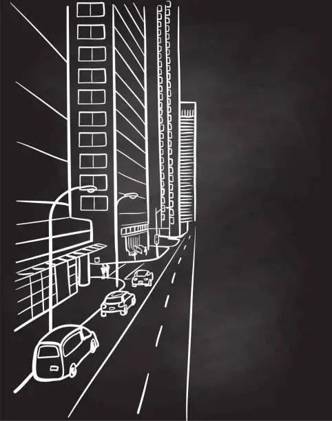 Vector illustration of Downtown Street Overhead Shot Chalkboard