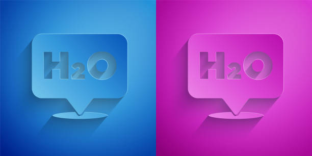 istock Paper cut Chemical formula for water drops H2O shaped icon isolated on blue and purple background. Paper art style. Vector 1299995518