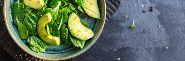 istock avocado salad vegetable fried grilled lettuce spinach arugula snack barbecue ready to eat on the table healthy meal top view copy space text food background rustic image 1299998361