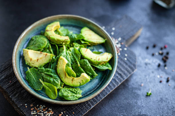 istock avocado salad vegetable fried grilled lettuce spinach arugula snack barbecue ready to eat on the table healthy meal top view copy space text food background rustic image 1299998420