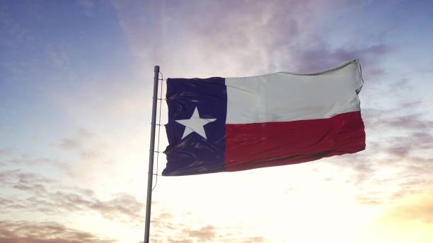 staatsflagge von texas weht im wind. dramatischer himmel hintergrund. 3d-illustration - texas stock-fotos und bilder