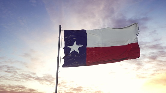 Bandera del estado de Texas ondeando en el viento. Fondo dramático del cielo. Ilustración 3D photo
