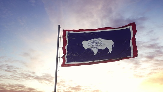 State flag of Wyoming waving in the wind. Dramatic sky background. 3d illustration.