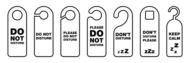 Vector illustration of Do not disturb. Outline don't disturb label. Busy tag in hotel. Do not disturb hanging banner. Private message warn. Door tag in black. Busy symbol set. Vector illustration. EPS 10.