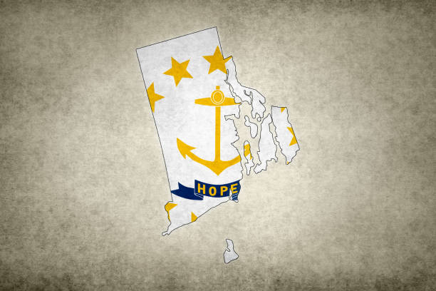 Grunge map of the state of Rhode Island (USA) with its flag printed within its border on an old paper.