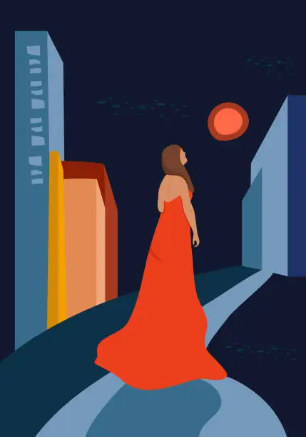 Vector illustration of Mid century art poster.Young woman in long dress in megalopolis.Broadway street with skyscrappers.Abstract urban landscape.Contemporary hand drawn illustration.