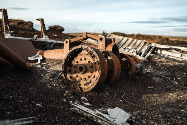 istock Abandoned B29 WW2 American AS Airforce Bomber Overexposed crash site on Bleaklow Moor with rusty aircraft engine parts and aeroplane landing gear wheels wreckage strewn across Peak District landscape 1300002875