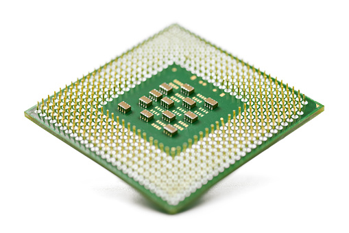 CPU, central processor unit, isolated background. Main electronic circuitry for computer. Shallow DOF