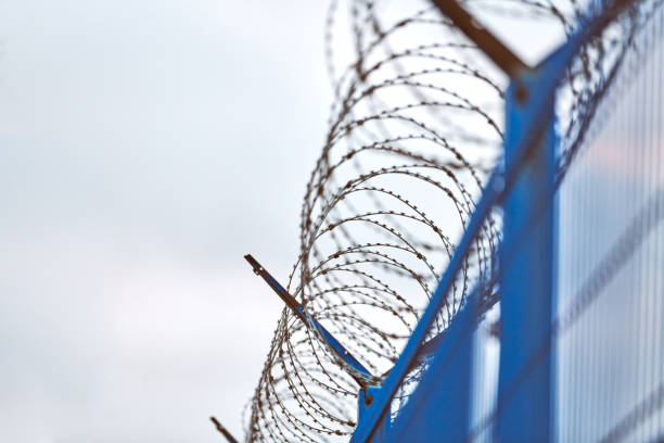 istock Barbed wire on blue fence of restricted area 1300002906