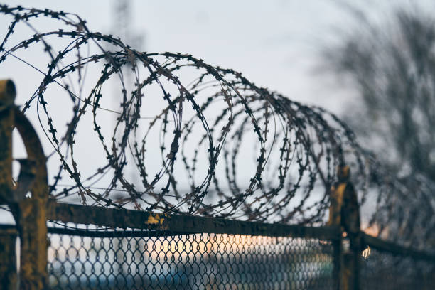 istock Barbed wire on fence of restricted area 1300002946