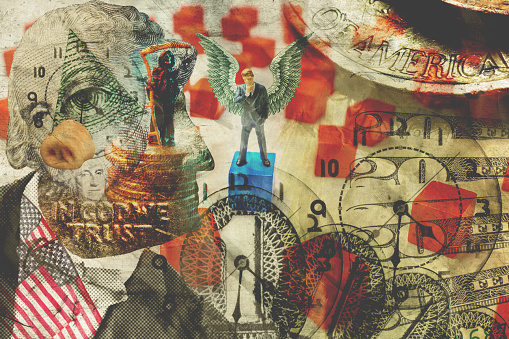 American capitalism business and finance collage conceptual illustration