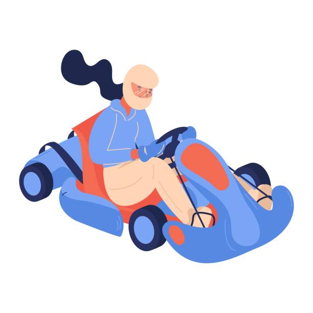 헬멧 을 타고 차에 여자와 고 카트 개념 그림. 흰색 만화 캐릭터에 격리 - go cart stock illustrations