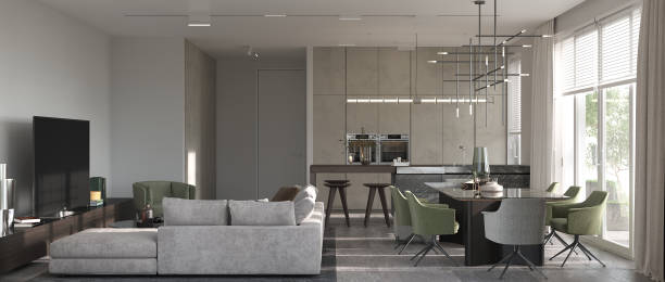 istock Minimalism modern interior design. Studio living, kitchen and dining room. 3d rendering. 3d illustration. 1300006131